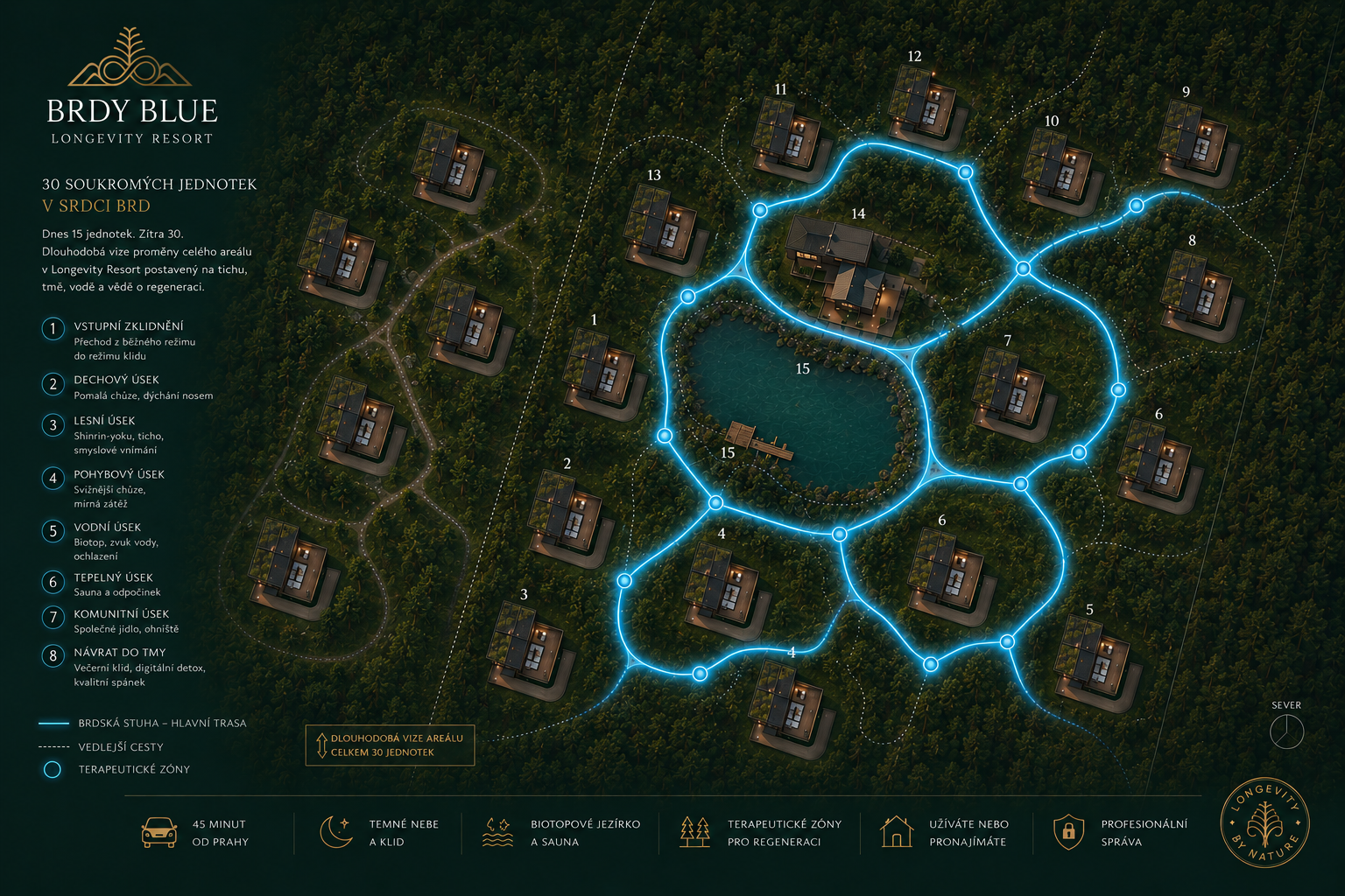 Letecká mapa resortu Brdy Blue s Brdskou stuhou, jednotkami a terapeutickými zónami kolem biotopového jezírka