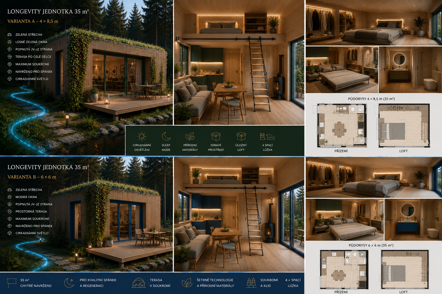 Přehled variant jednotek – Varianta A 4 × 8,5 m a Varianta B 6 × 6 m, s exteriérem, interiérem a půdorysy